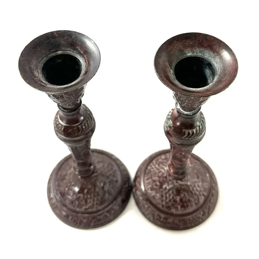 Pair Ornate Metal Candlestick Holders 6.8” Antiqued Burgundy Victorian Style